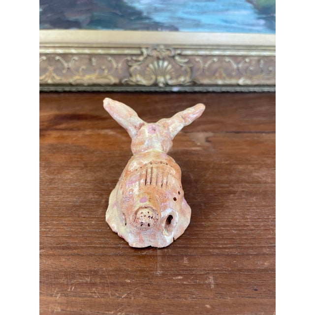1970s Whimsical Hand-Built Ceramic Creature Sculpture With Long Ears and Textured Colorful Glaze For Sale - Image 9 of 9