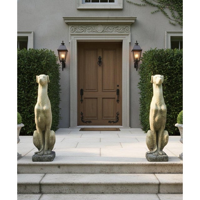 Cream Pair of Cast Stone Seated Greyhound Garden Statues For Sale - Image 8 of 9