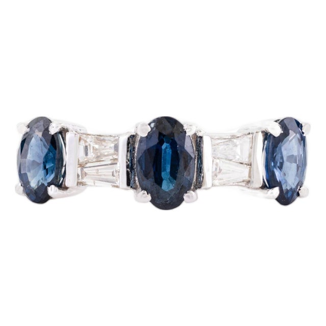 Vintage Style Blue Sapphire and Diamond Three Stone Ring Size 5.5 in 14k White Gold For Sale