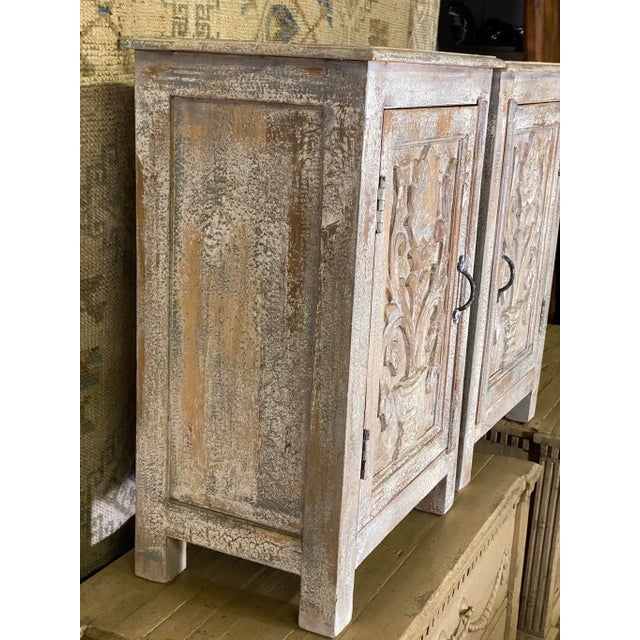 Rustic Pair Painted & Distressed Carved Cabinets with Shelf For Sale - Image 3 of 13