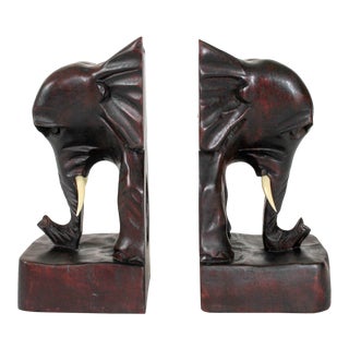 Vintage Carved Wood Elephant Bookends - a Pair For Sale