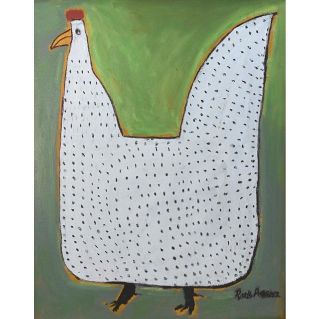 Folk art chicken hen rooster portrait oil painting on stretched artist's canvas. Signed by the talented artist Ruth Arenz,...
