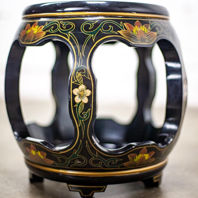 Marvelous vintage Chinoiserie Chinese garden stool or small side table with black lacquer & hand painted & gilded Asian...