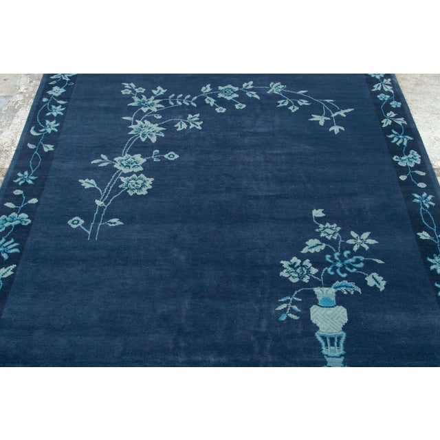 Rug & Kilim Contemporary Chinese Deco Style Floral Navy & Blue Wool Rug by Rug & Kilim India For Sale - Image 4 of 8