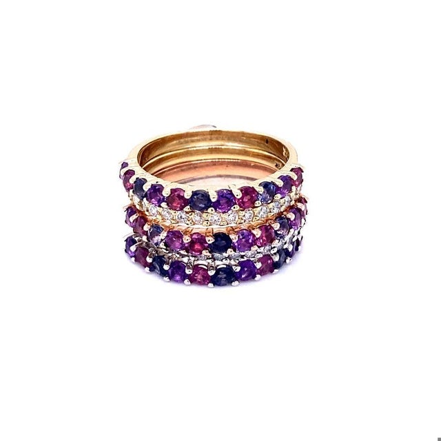 Contemporary 2.74 Carat Gemstone and Diamond Gold Stackable Bands, Size 7 For Sale - Image 3 of 11