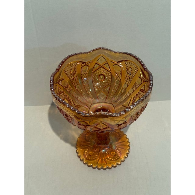 1920s Imperial Marigold Carnival Glass Compote, Iridescent “Octagon” Pattern 7.5” For Sale - Image 5 of 12