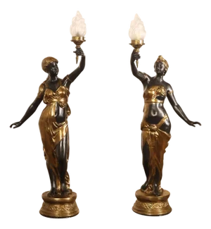 Late 20th Century Neoclassical Style Bronze Figural Torchere Floor Lamps - a Pair