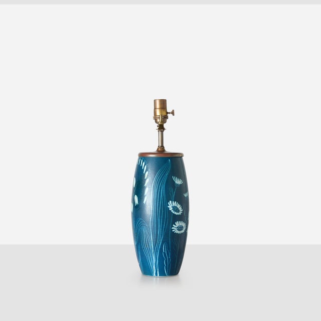 Description Floral Motif Table Lamp by Hertha Bengtsson for Rörstrand Denmark, 1950’s A blue-glazed ceramic table lamp...
