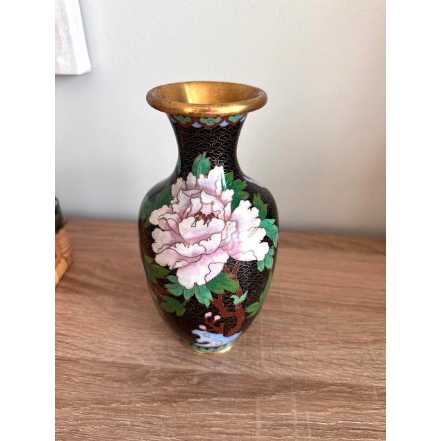 Chinoiserie Vintage Chinese Black Cloisonné Enamel Peony & Butterfly Vase, 8" For Sale - Image 3 of 13