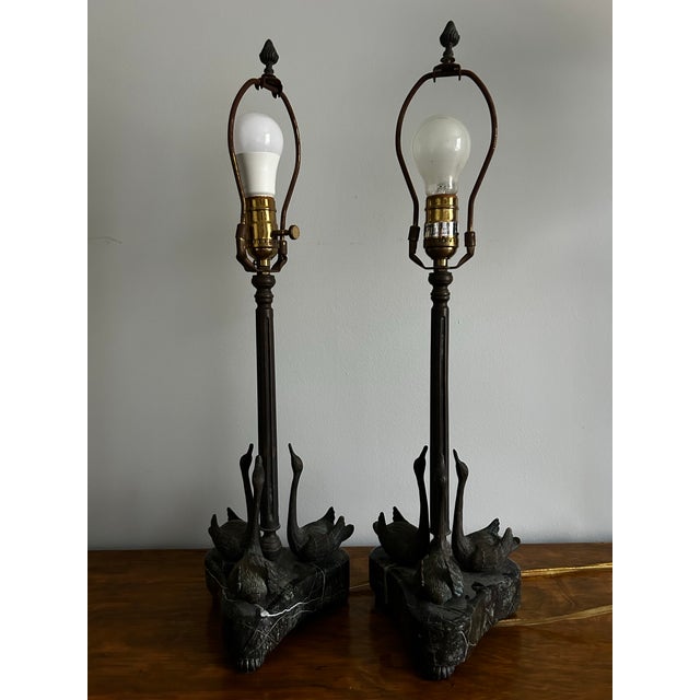 Theodore Alexander Vintage Pair of Bronze & Marble Swan Table Lamps For Sale - Image 9 of 12