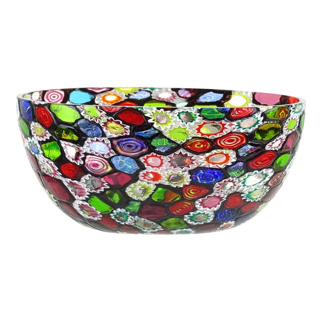 Murano Fratelli Toso Vintage Millefiori Flowers Bullseye Mosaic Italian Art Glass Tall Oval Bowl Vase For Sale
