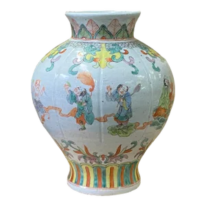 Chinese Oriental Eight Immortals Off White Beige Color Ceramic Vase