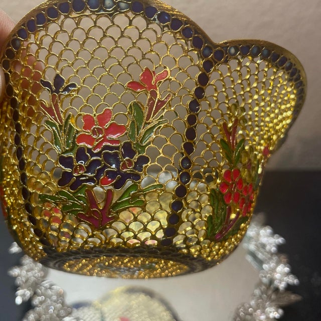 VTG Plique-a-Jour Cloisonné Enamel 5” Scalopped Bowl For Sale In Dallas - Image 6 of 7