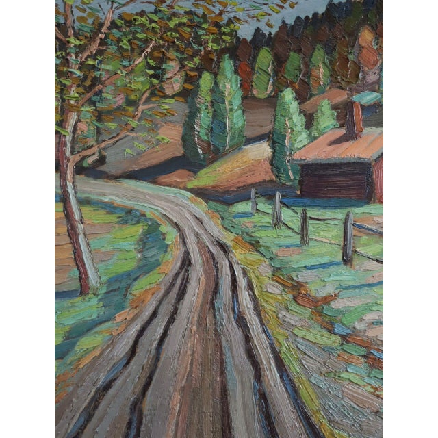 1939 Mid-Century Modern 'The Red Cabin' Vintage Original Expressive Landscape Oil Painting, Framed For Sale - Image 9 of 11