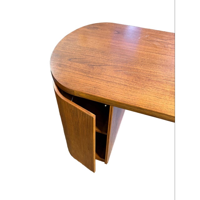 Wonderful Reid Oval Warm Oak Wood Storage Desk Designed by Mermelada Estudio For Sale - Image 9 of 13