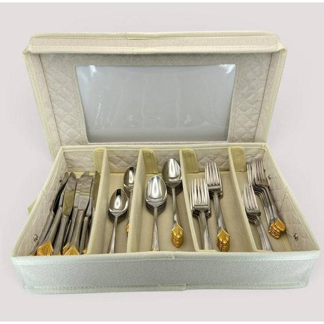 Yamazaki "Monique Gold" Gold Accent Stainless Flatware Set - 61 Pieces (Service for 12 With Storage Case) Vintage 1980's/1990's For Sale - Image 16 of 18