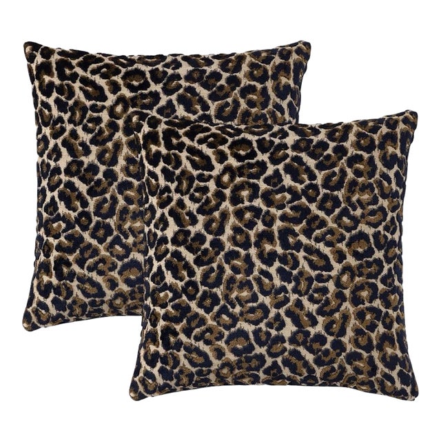 Pair of Midnight Gold Leopard Genoa Velvet Weave Pillows For Sale