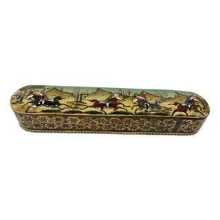 Khatam Marquetry Qalamdan Pen Box With Hand-Painted Equestrian Miniature 1940s For Sale
