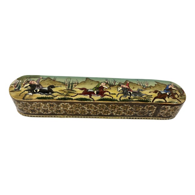 Khatam Marquetry Qalamdan Pen Box With Hand-Painted Equestrian Miniature 1940s For Sale