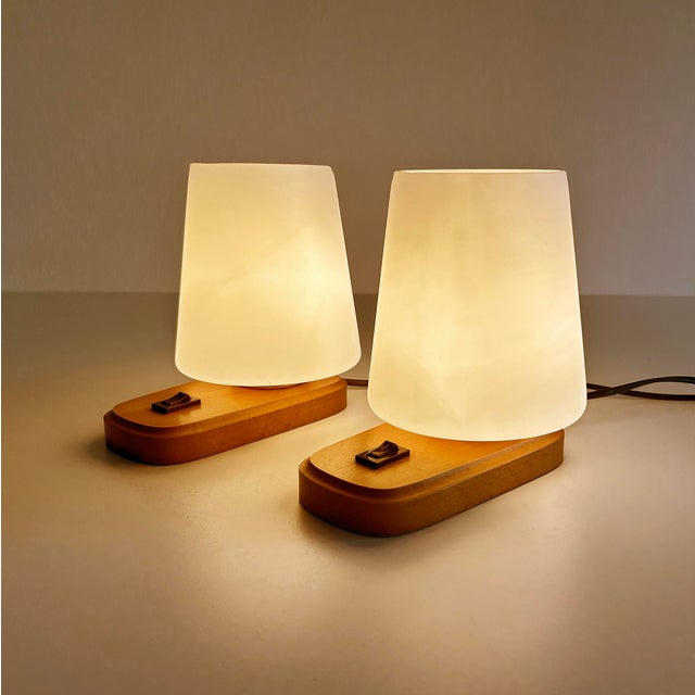 Pair of 1960s danish table lamps, wood base with brass cup, opaline glass shades Dimensions Height 18 cm / 7.08 in Depth...