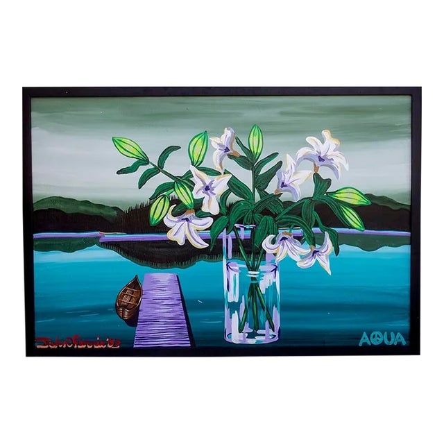 John Ferrie Mid-Century Painting Titled Aqua - Lilies in Vase For Sale