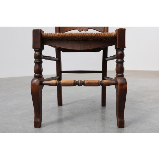 Rustic Oak Ladder-Back Chair with Rush Seat and Cabriole Front Legs, France, 1900s For Sale - Image 9 of 14