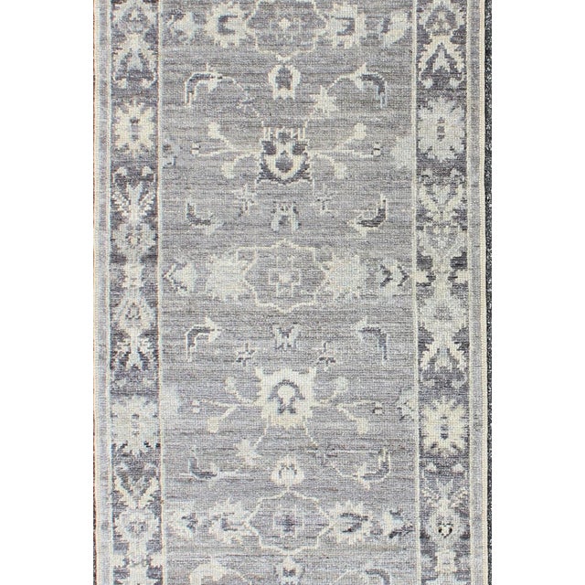 Tribal Angora Turkish Oushak Runner in Soft Gray and Ivory With Floral 2'8 X 10'1 For Sale - Image 3 of 5
