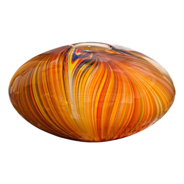 Italian Cased Swirl Art Glass Bowl Vase Orange Yellow 11" Hand Blown For Sale