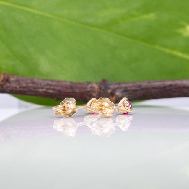 Mozambique Ruby Stud Earrings, Solid 14k Gold, 3mm Round, July Birthstone, Pair For Sale In Columbus - Image 6 of 7