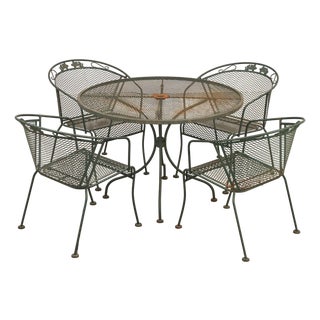 Vintage Wrought Iron Round Patio Table And Four Chairs Set For Sale