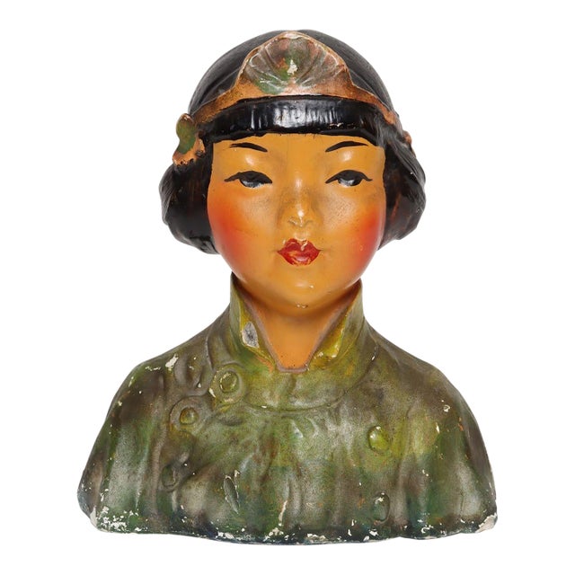 Vintage Chinoiserie Asian Chalkware Bust of a Woman After Esther Anna Hunt For Sale