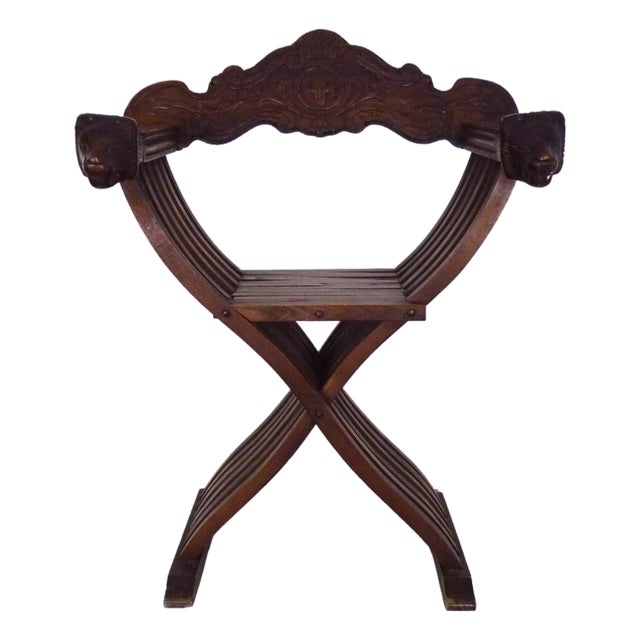 Vintage Savonarola Chair with Lion's Head in Wood, Italy, 1950s For Sale