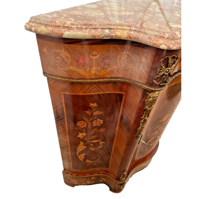1960s French Credenza, Bombe Style Locking Console Cabinet, Sideboard, Marquetry For Sale - Image 4 of 13