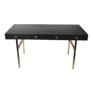 1970's Campaign Style Desk in Black Formica With Brass Handles Anodized Brass Colored Legs For Sale