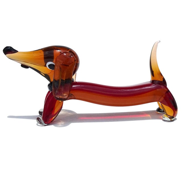 Beautiful, and large, vintage Murano hand blown Sommerso dark orange and red Italian art glass Dachshund puppy dog...