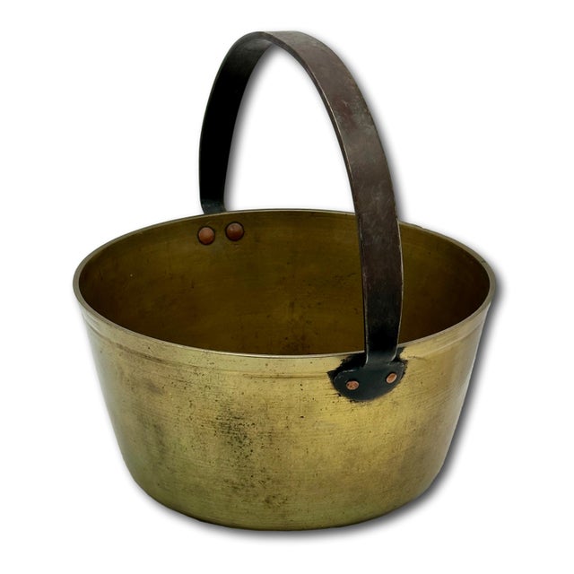 Metal Antique 12 Inch Heavy Brass & Hand Wrought Iron Fireplace Hearth Hanging Cooking Pot Mid 19th Century For Sale - Image 7 of 18