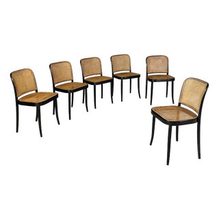 Czechoslovak Modern Straw and Black Wood Chairs 811 by Joseph Hoffmann for Drevounia, 1980s, Set of 6 For Sale