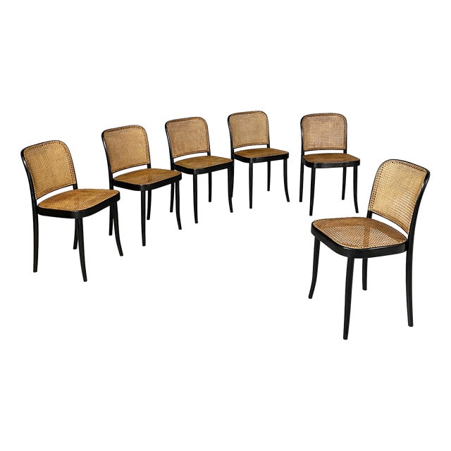 Czechoslovak Modern Straw and Black Wood Chairs 811 by Joseph Hoffmann for Drevounia, 1980s, Set of 6 For Sale