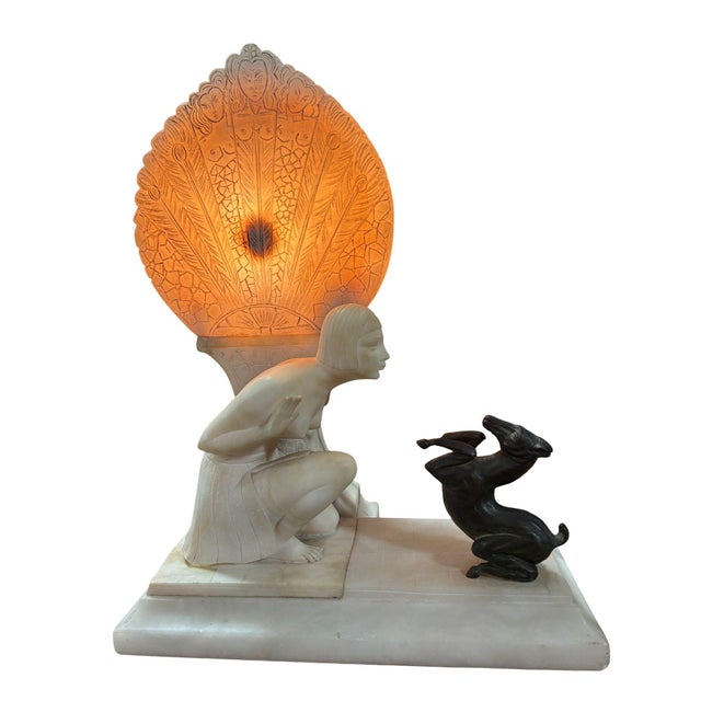 1920s Hand Carved Art Deco Nude Flapper Girl Alabaster Table Lamp W/ Bronze Gazelle For Sale - Image 11 of 11
