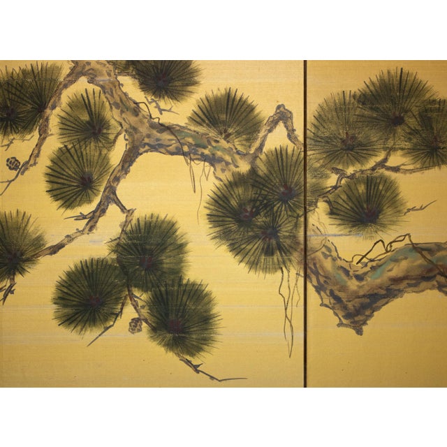 Goldenrod "Old Pine Tree", Pre-1964 Showa Era Japanese Painted Silk Byobu Screen For Sale - Image 8 of 17