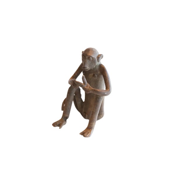 Bronze Vintage African Sitting Monkey With Banana Sculpture For Sale - Image 8 of 8