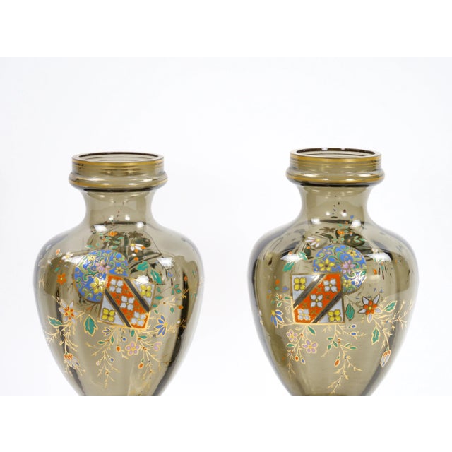 Pair Antique French Hand Gilt / Decorated Enameled Gray Tinted Glass Vases For Sale - Image 4 of 12