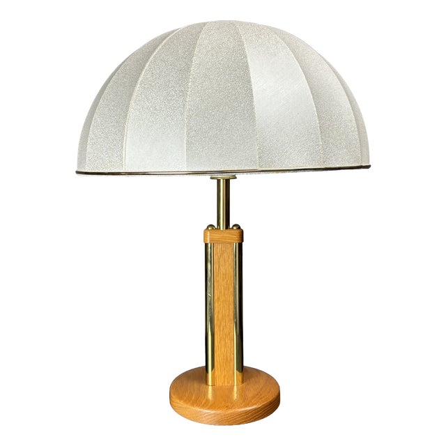 Mid-Century Austrian Hollywood Regency Oak and Brass Table Lamp with Mushroom Shade, 1960s For Sale