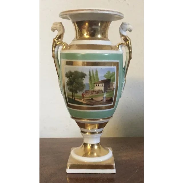 1820 French Empire Porcelain Vase Decorated with Landscape Scene and Trophies For Sale - Image 4 of 13