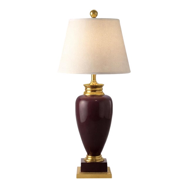 Vintage Hollywood Regency Burgundy Ceramic & Brass Urn Table Lamp — 33” For Sale