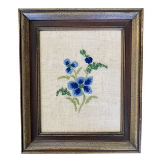 Vintage Framed Blue Flower Needlepoint For Sale
