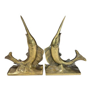 Late 20th Century Swordfish Nautical Brass Bookends For Sale