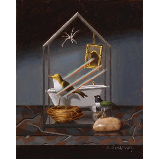 Glass House by Shawn Sullivan | Oil on Panel Still life of birds inside a glass structure For Sale
