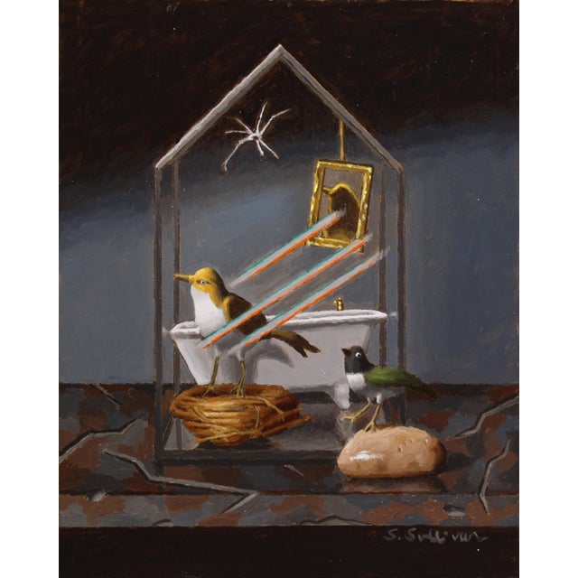 Glass House by Shawn Sullivan | Oil on Panel Still life of birds inside a glass structure For Sale