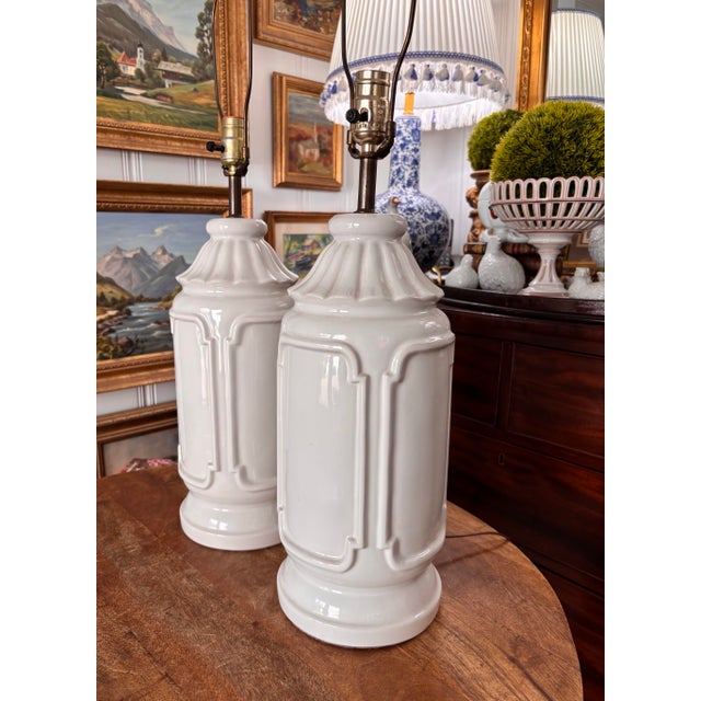 Chinoiserie Mid 20th Century Asian Style Chinoiserie Blanc De Chine Pagoda Lamps - a Pair For Sale - Image 3 of 8